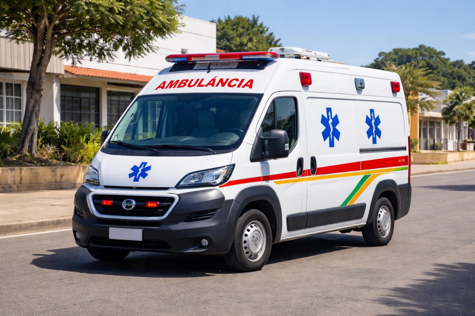 Ambulância em Pérola d'Oeste: Serviços de Emergência e Transporte Médico na Região Ambulância Tipo A branca estacionada em uma rua limpa de Pérola d'Oeste, com prédios modestos e árvores ao fundo em um dia ensolarado.
