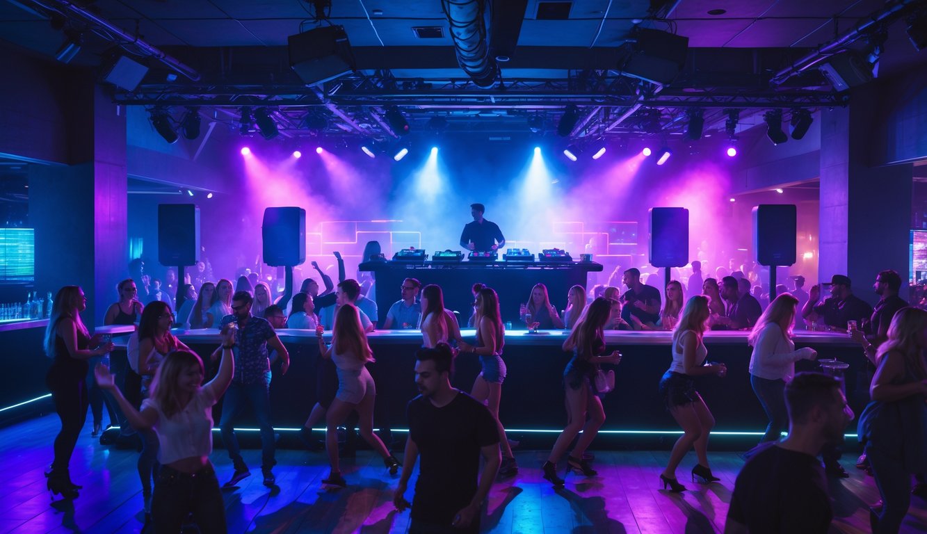 Suasana malam di tempat hiburan dengan orang-orang menari di depan DJ yang sedang tampil dan lampu warna-warni menyinari ruangan.
