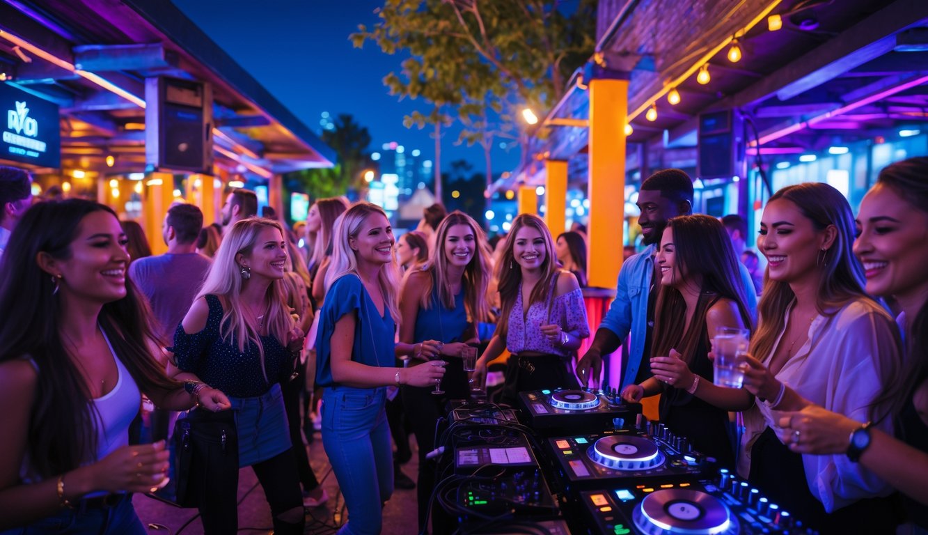 Suasana malam hari di tempat hiburan dengan orang-orang menikmati musik live dan DJ, lampu warna-warni, dan keramaian yang hidup.