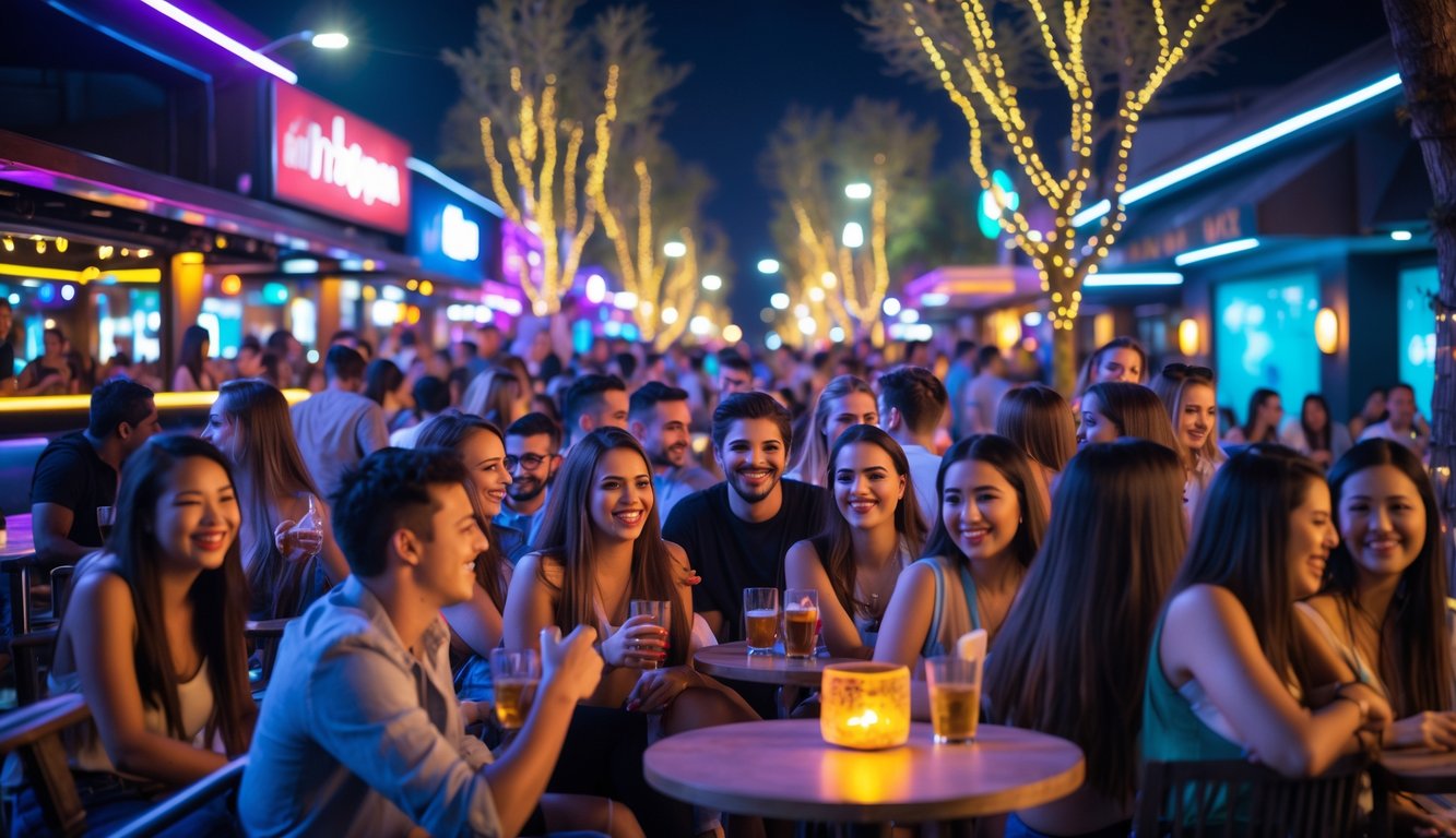 Sekelompok orang muda menikmati malam di area hiburan dengan bar dan klub malam yang ramai serta lampu warna-warni.