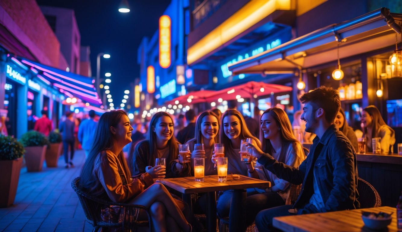 Sekelompok teman sedang bersantai dan menikmati malam di area hiburan malam yang ramai dan penuh lampu warna-warni.