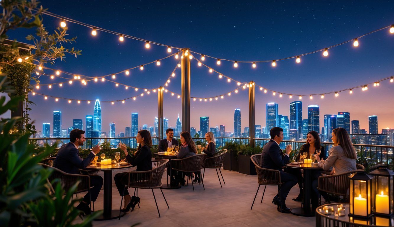 Tempat hiburan malam dengan suasana romantis, meja-meja dengan pasangan yang menikmati pemandangan kota yang terang di malam hari.
