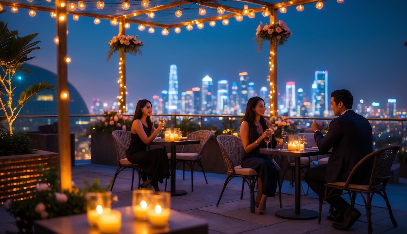 Tempat hiburan malam dengan suasana romantis, pasangan duduk di teras luar ruangan dengan pemandangan kota yang diterangi lampu warna-warni.