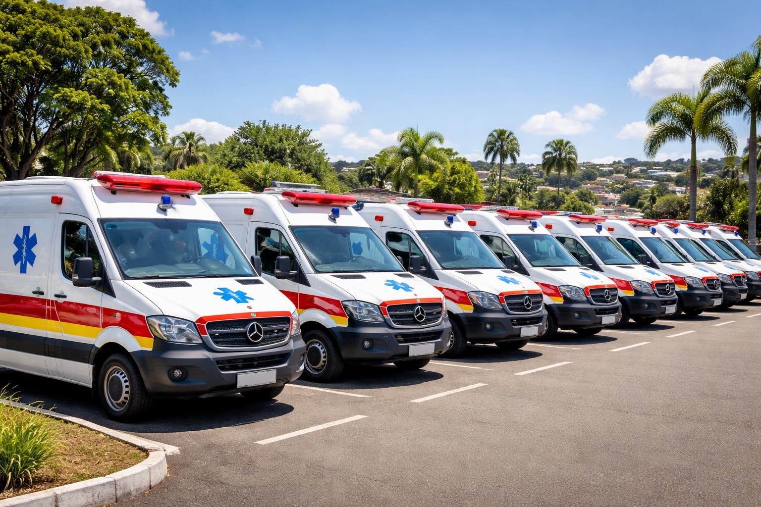 Vista panorâmica de várias ambulâncias estacionadas ao ar livre em Realeza durante o dia.