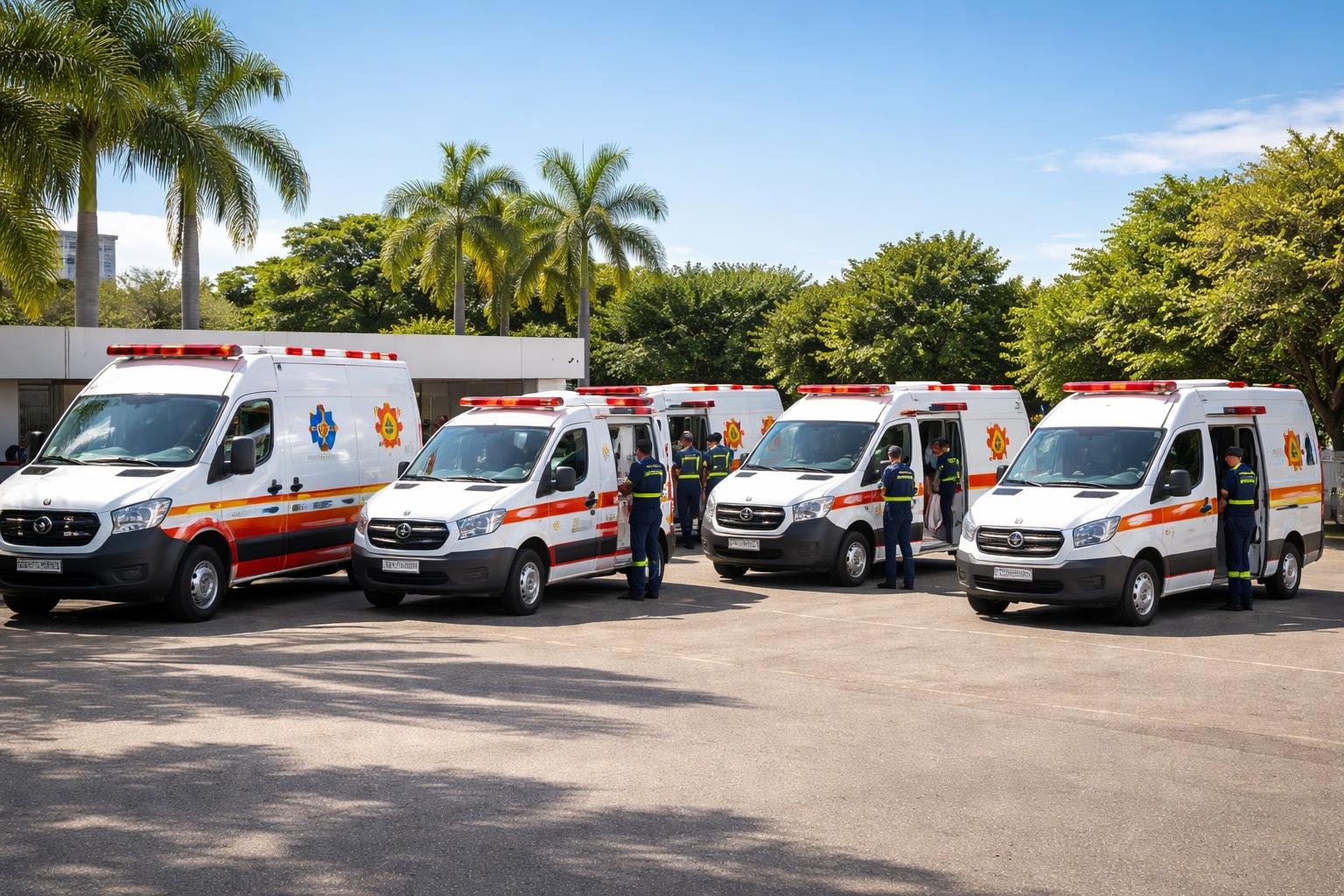 Diversos tipos de ambulâncias estacionadas ao ar livre em Realeza, com profissionais de saúde próximos, em um dia ensolarado.