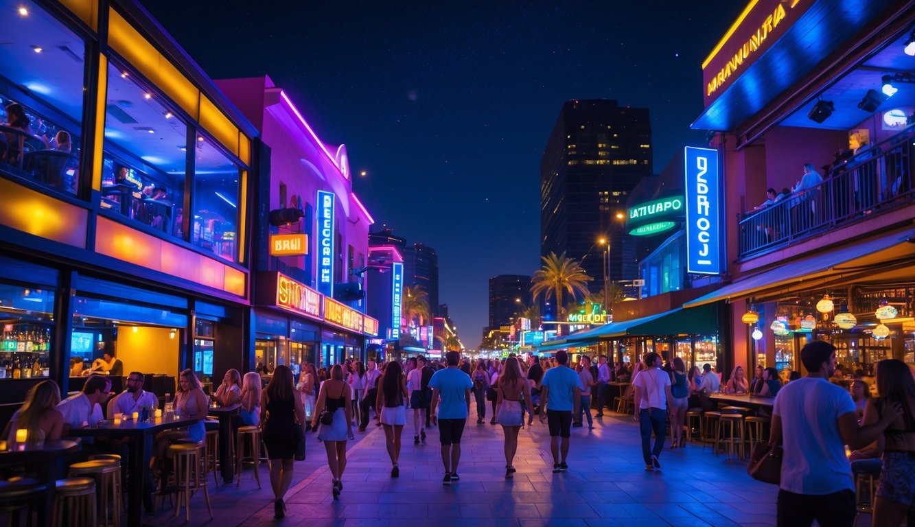 Pemandangan malam kota dengan tempat hiburan seperti bar dan klub malam yang ramai dan terang lampu, serta orang-orang yang menikmati waktu bersama di luar ruangan.