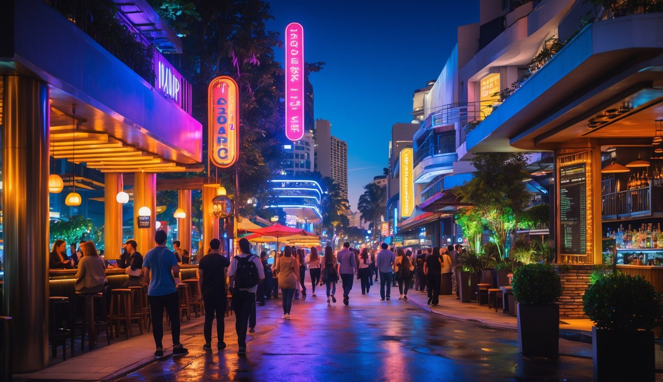 Pemandangan kota malam dengan tempat hiburan malam yang ramai dan terang, orang-orang sedang bersosialisasi di jalanan yang sibuk.
