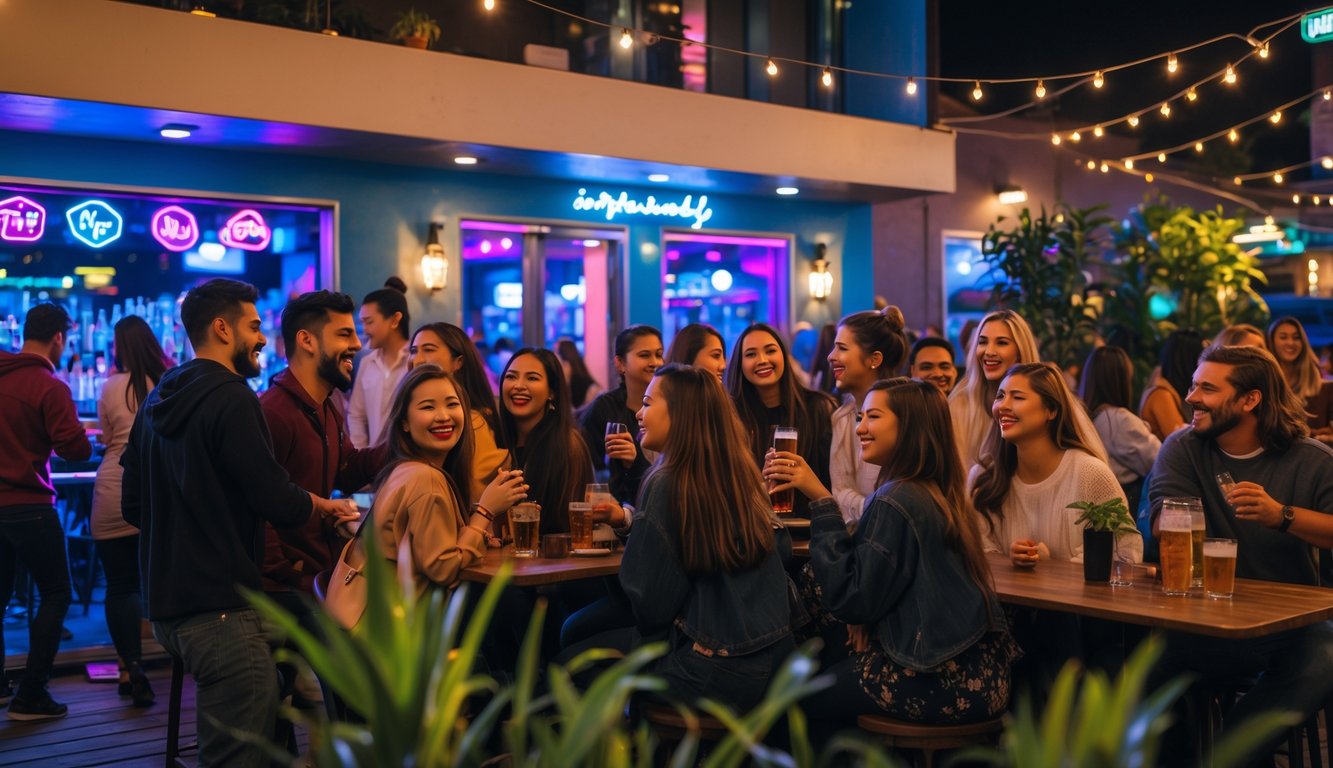 Tempat hiburan malam yang ramai dengan lampu warna-warni, orang-orang sedang bersosialisasi dan menikmati musik serta minuman.