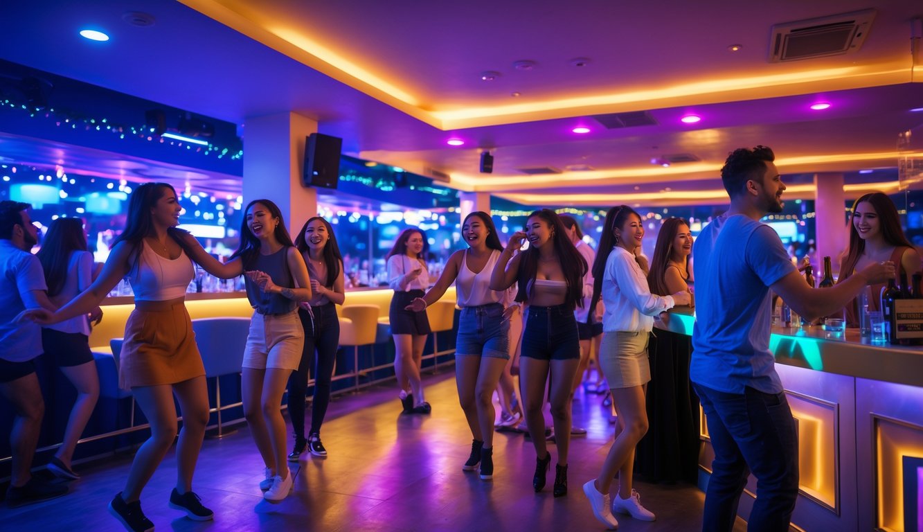 Orang-orang menikmati suasana malam di tempat hiburan dengan lampu warna-warni dan fasilitas lengkap.