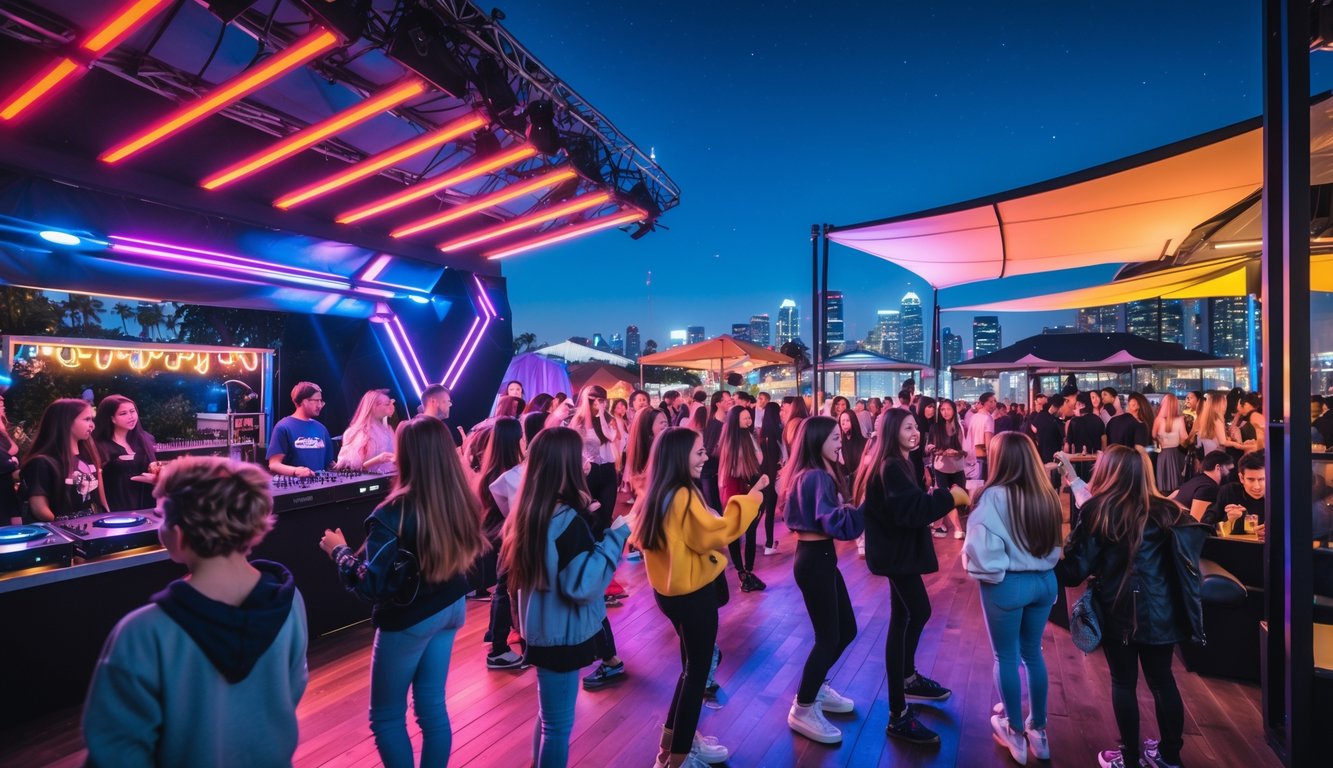 Suasana malam hari di tempat hiburan dengan musik kekinian, banyak anak muda sedang menari dan bersosialisasi di luar ruangan dengan pencahayaan warna-warni.