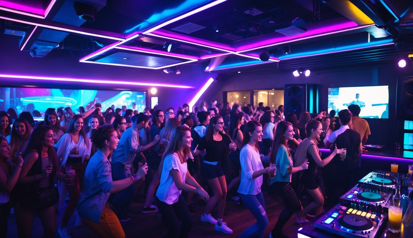 Sekelompok anak muda sedang menari dan bersosialisasi di sebuah tempat hiburan malam yang ramai dengan pencahayaan warna-warni dan DJ yang sedang memutar musik.