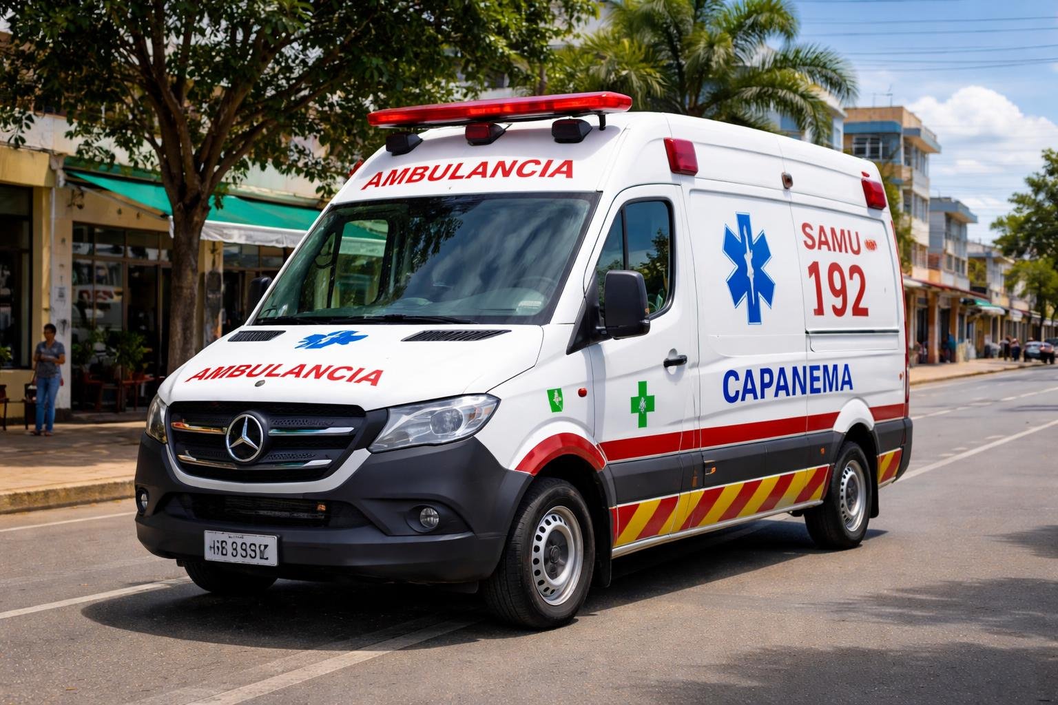 Uma ambulância branca com marcas vermelhas e azuis estacionada em uma rua de cidade com árvores e prédios ao fundo em Capanema.