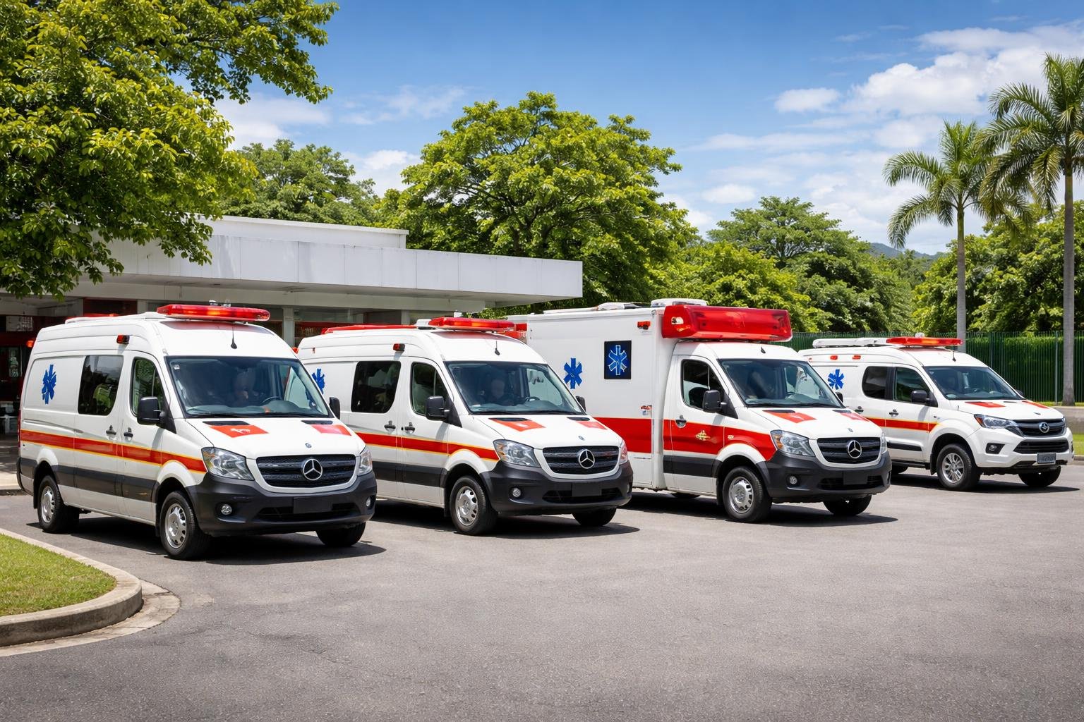 Vários tipos de ambulâncias modernas estacionadas em frente a uma unidade de emergência em Capanema, com céu claro e árvores ao fundo.