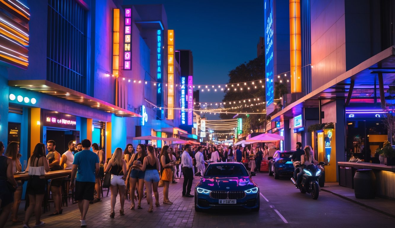 Suasana malam di tempat hiburan dengan lampu neon dan orang-orang bersosialisasi di luar bar dan klub.