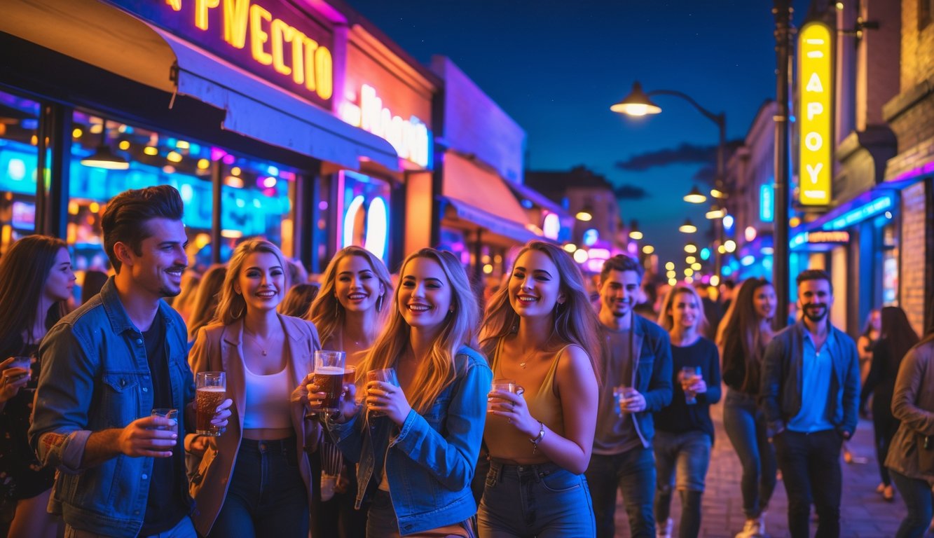 Orang-orang menikmati malam di area hiburan malam yang ramai dengan lampu neon dan bar yang terang.