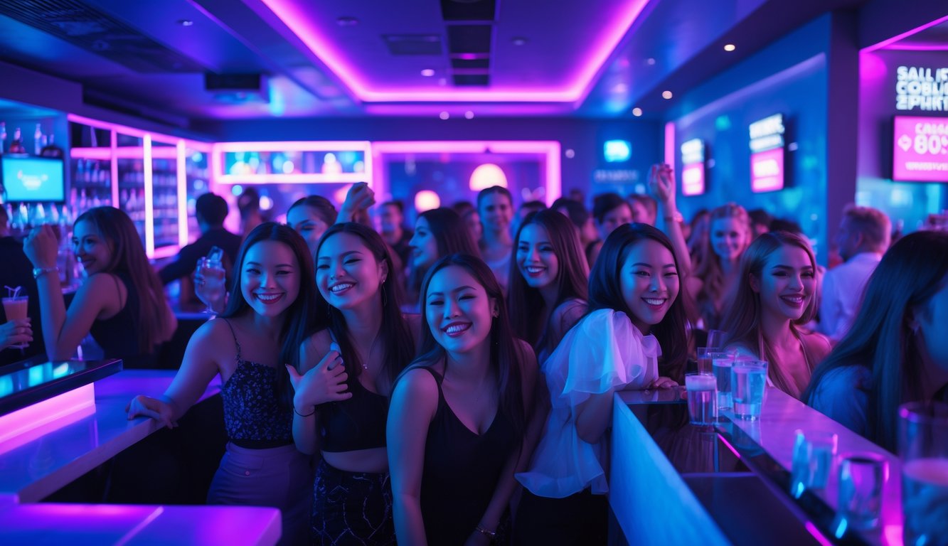 Tempat hiburan malam yang ramai dengan orang-orang menikmati suasana, lampu warna-warni, dan dekorasi modern.