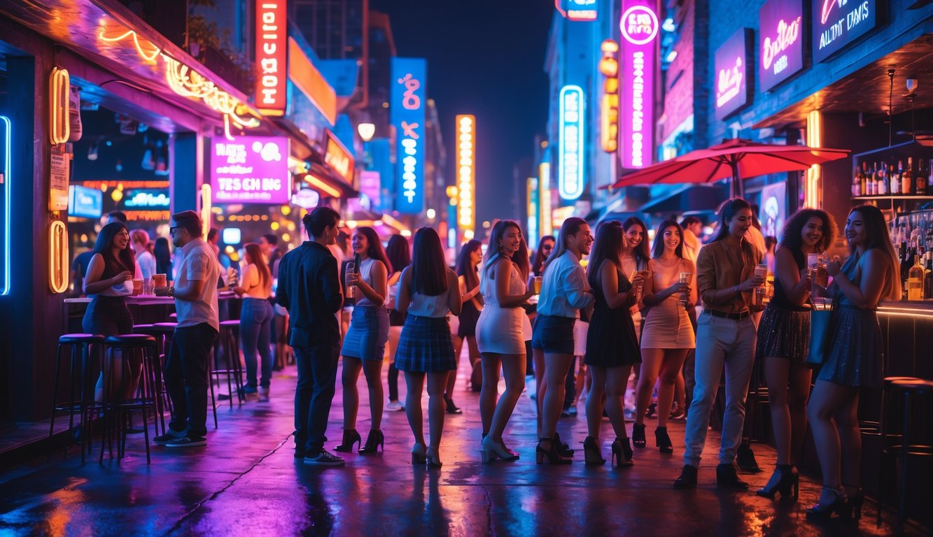 Pemandangan malam hari di kota dengan berbagai tempat hiburan seperti bar dan klub malam yang ramai dengan orang-orang bersosialisasi dan suasana yang meriah.