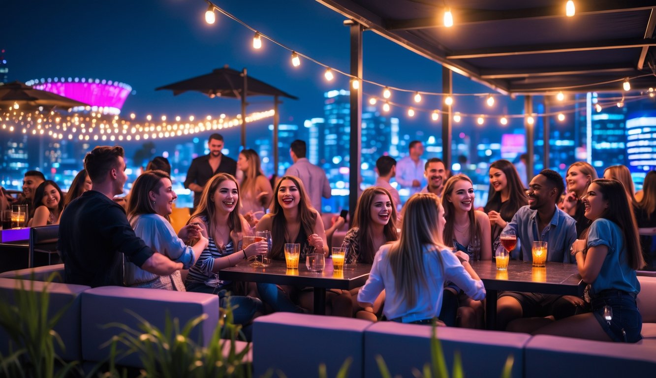 Suasana malam di tempat hiburan malam yang ramai dengan orang-orang sedang bersenang-senang dan berpesta.