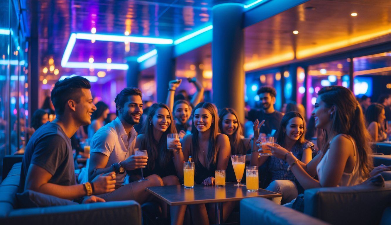 Sekelompok orang muda sedang bersenang-senang di tempat hiburan malam yang ramai dengan lampu warna-warni dan suasana pesta.