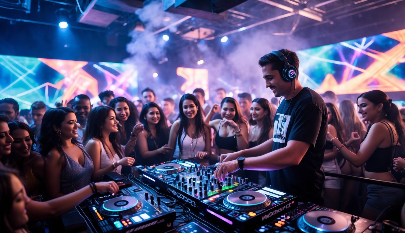 Kerumunan orang muda sedang menari di klub malam dengan DJ yang sedang tampil di panggung.