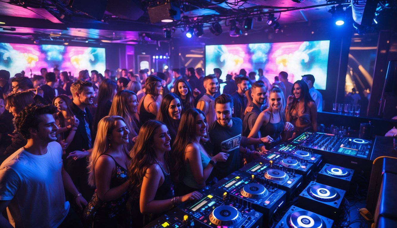 Kerumunan orang muda menari dan menikmati musik di sebuah klub malam dengan DJ yang sedang tampil dan lampu warna-warni.