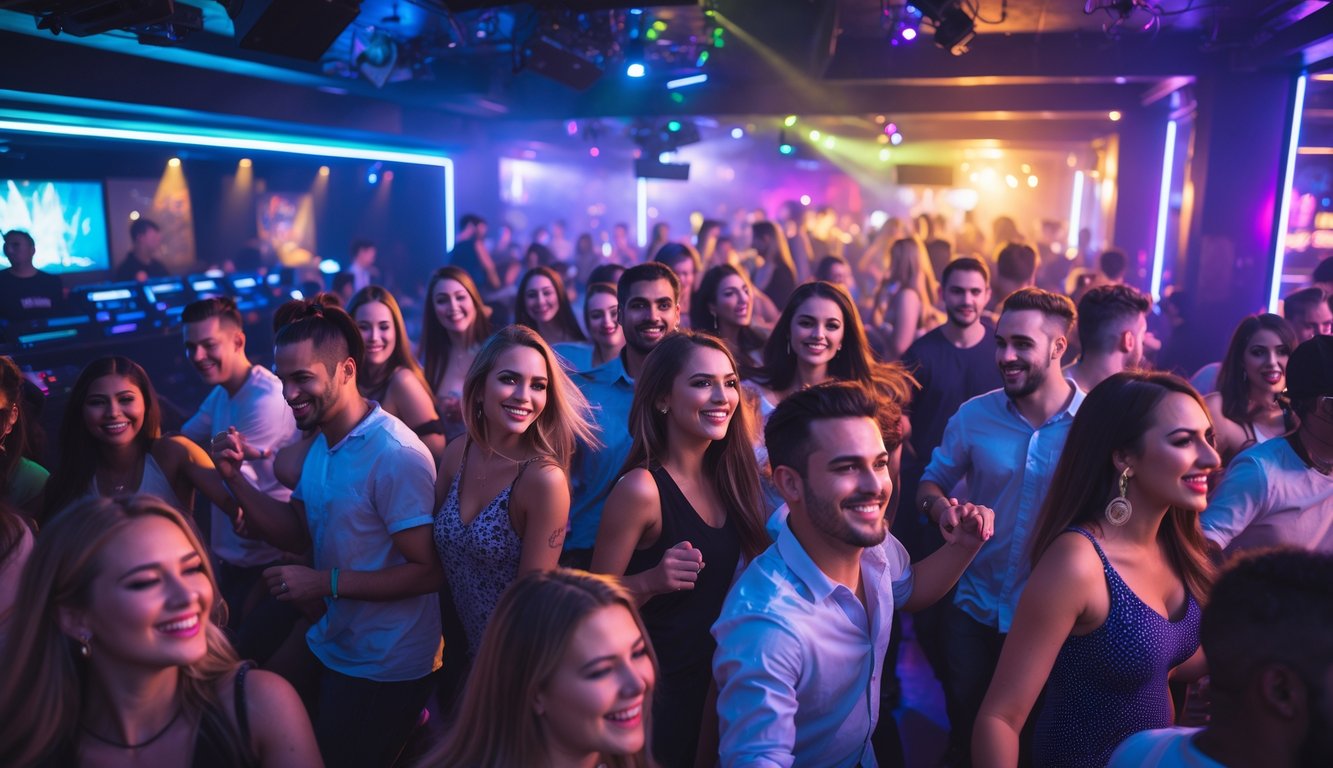 Suasana klub malam yang ramai dengan orang-orang menari dan bersenang-senang di bawah lampu warna-warni.