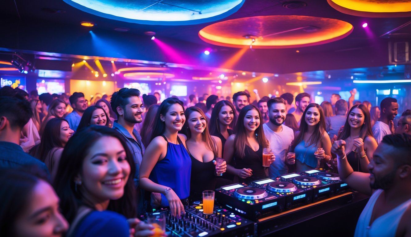 Orang-orang muda sedang menari dan bersenang-senang di dalam klub malam yang ramai dengan pencahayaan warna-warni.