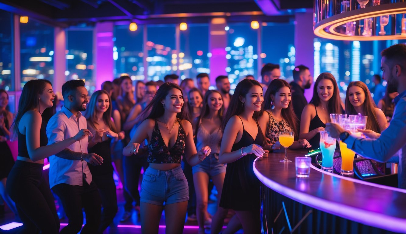 Orang-orang muda sedang menikmati malam di klub malam dengan lampu warna-warni dan minuman di tangan.