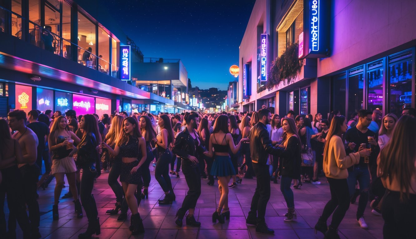 Suasana malam di distrik klub malam yang ramai dengan orang-orang muda yang sedang berdansa dan bersosialisasi di bawah lampu neon yang berwarna-warni.