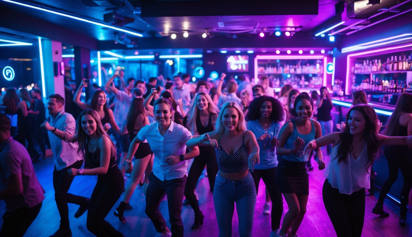 Orang-orang muda menari dan bersenang-senang di dalam klub malam yang ramai dengan pencahayaan warna-warni dan bar di latar belakang.