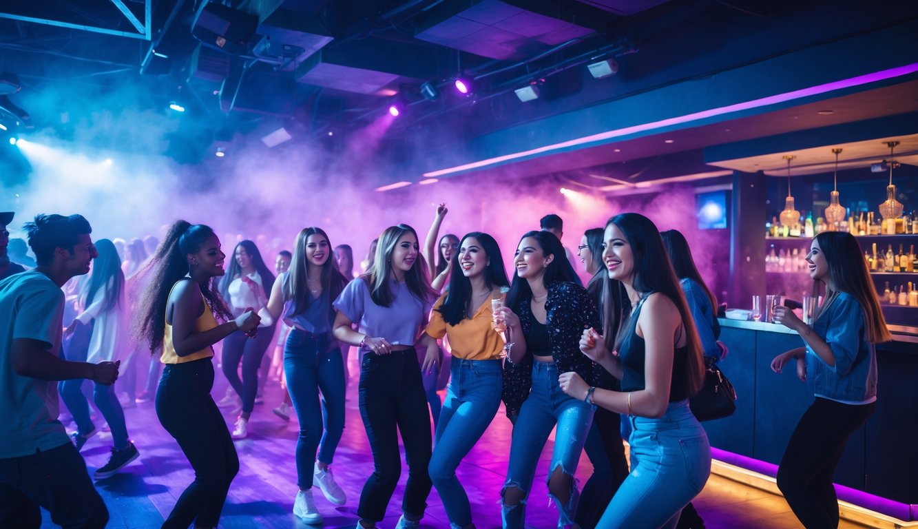 Kelompok anak muda sedang berdansa dan bersenang-senang di sebuah klub malam dengan pencahayaan warna-warni dan suasana pesta yang meriah.