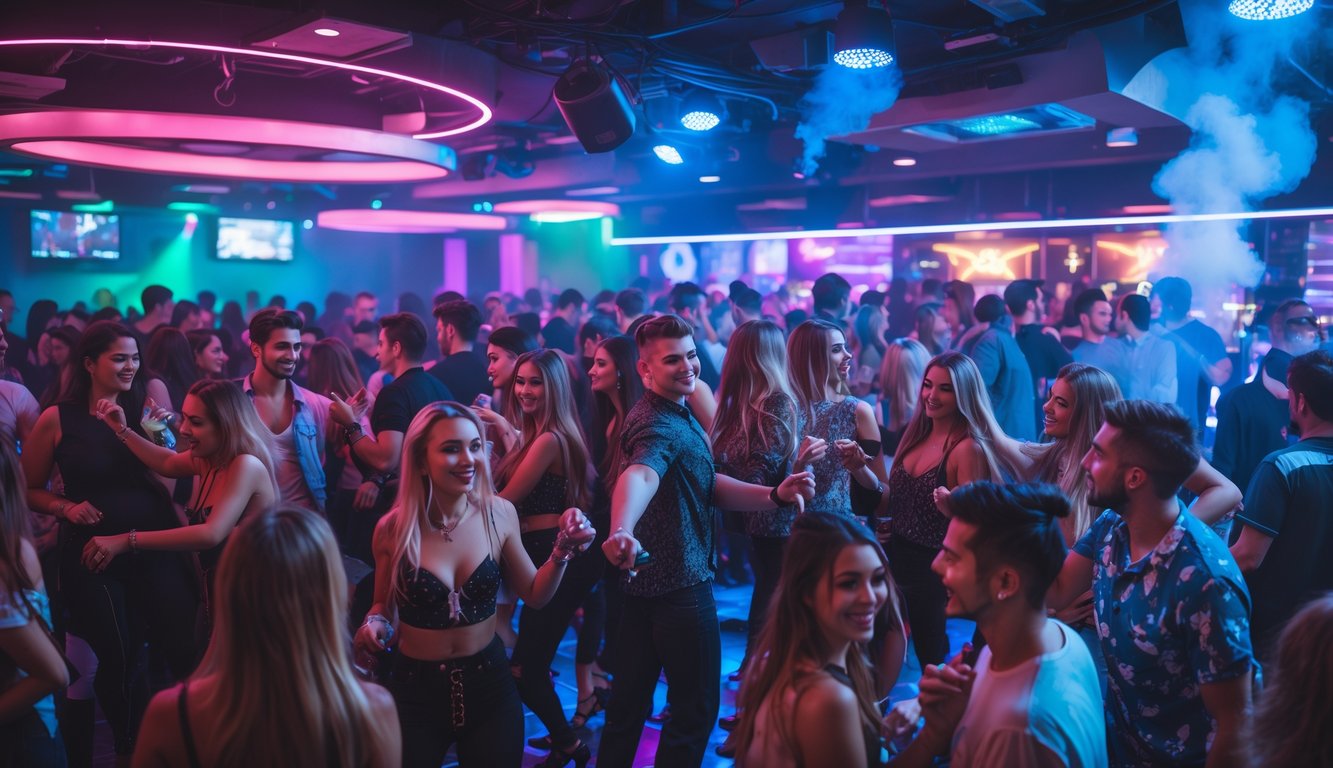 Sekelompok anak muda sedang menikmati pesta di dalam klub malam dengan lampu warna-warni dan suasana ramai.