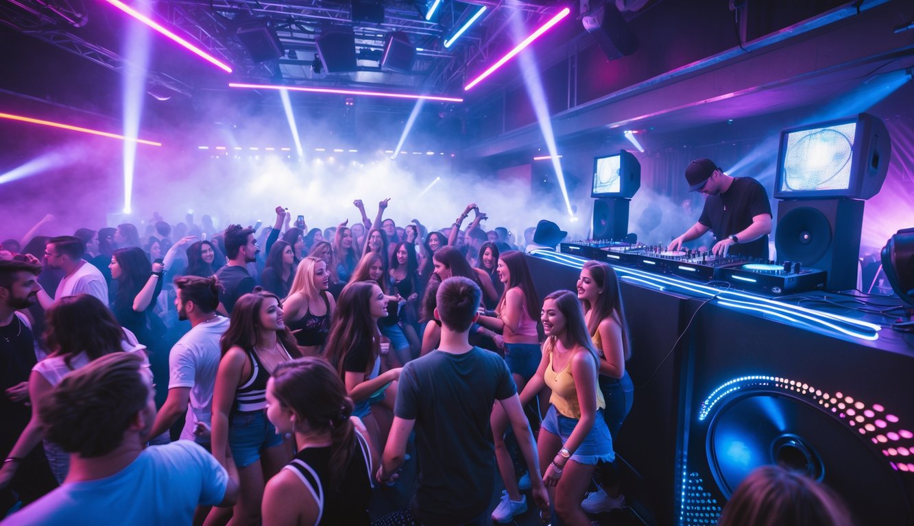 Kerumunan orang muda menari di klub malam dengan DJ tampil di panggung dan lampu warna-warni menyala.