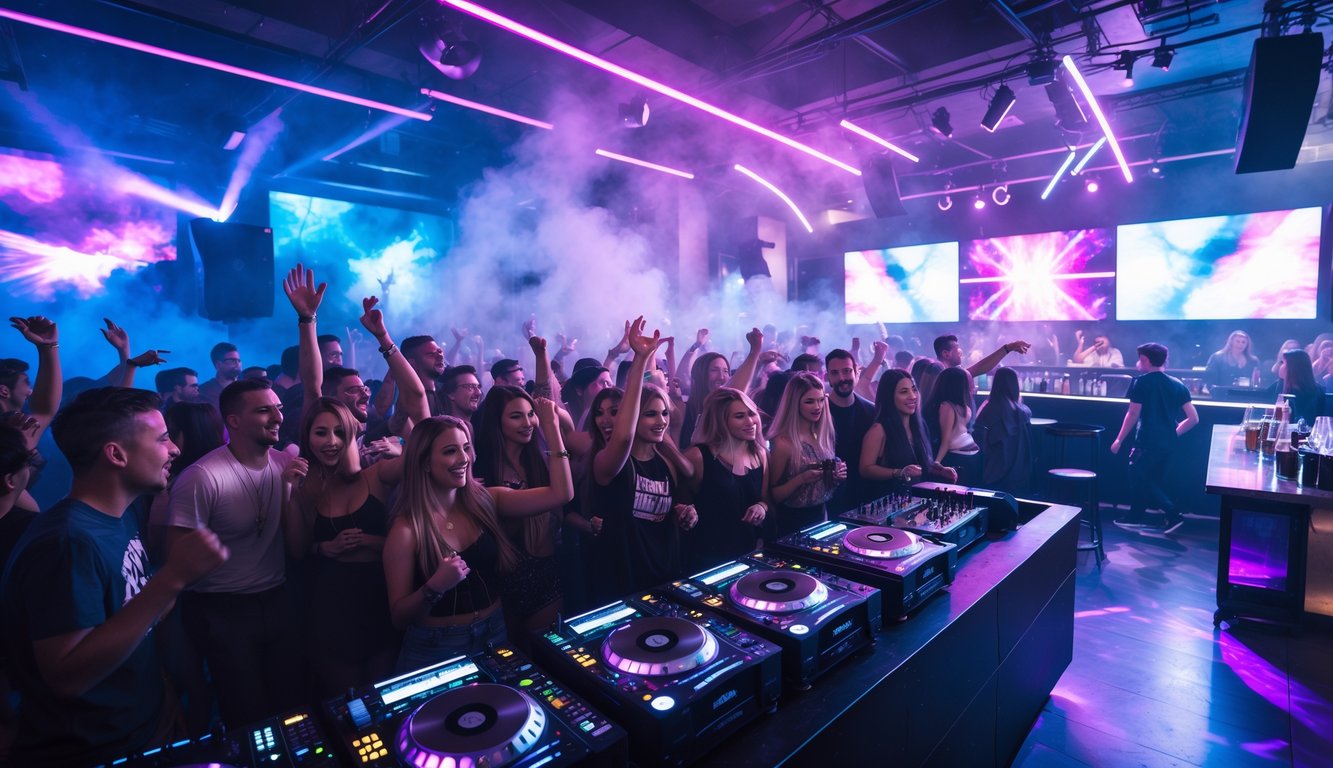 Kerumunan orang menari dan menikmati pertunjukan DJ di dalam klub malam dengan lampu warna-warni dan suasana meriah.
