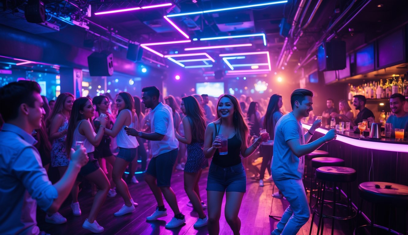 Suasana ramai di sebuah klub malam dengan orang-orang menari dan menikmati musik di lantai dansa yang diterangi lampu neon berwarna-warni.