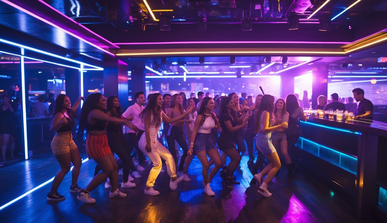 Suasana malam yang ramai di dalam klub malam dengan orang-orang menari dan bersosialisasi di bawah lampu warna-warni.
