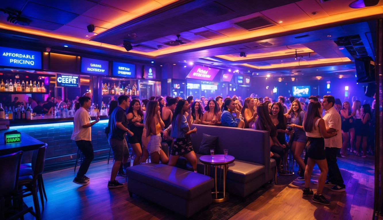 Suasana dalam klub malam yang ramai dengan orang-orang sedang berdansa dan bersosialisasi, dilengkapi bar, area duduk, dan pencahayaan warna-warni.