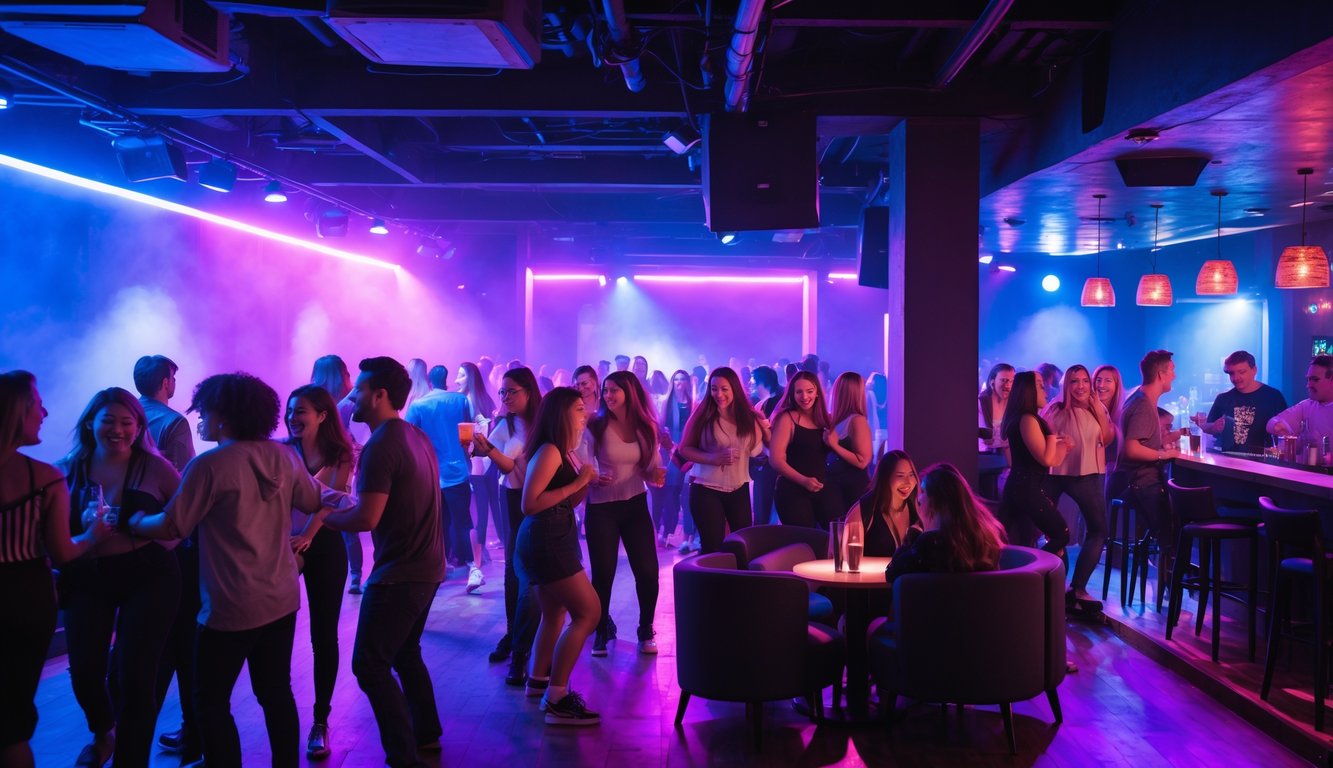 Suasana dalam klub malam yang ramai dengan orang-orang muda menari, berbicara, dan menikmati minuman di bar.
