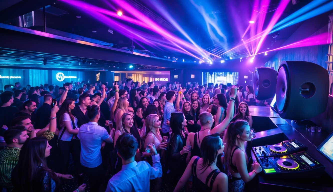 Suasana klub malam yang ramai dengan orang-orang menari dan menikmati musik dari DJ internasional di panggung.