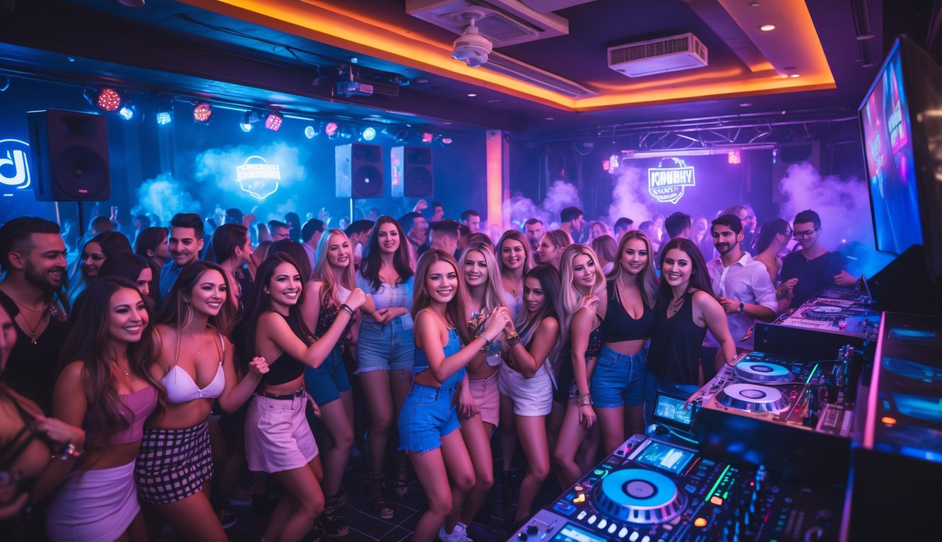 Kerumunan orang muda sedang menari dan bersenang-senang di dalam klub malam yang penuh warna dengan DJ yang sedang tampil.