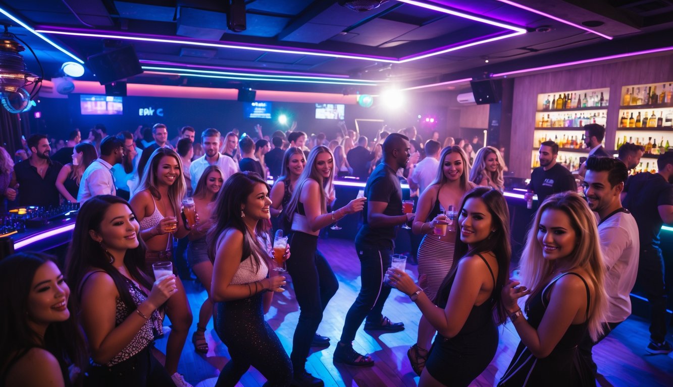 Orang-orang muda menari dan bersenang-senang di klub malam yang ramai dengan lampu warna-warni dan DJ yang sedang bermain musik.