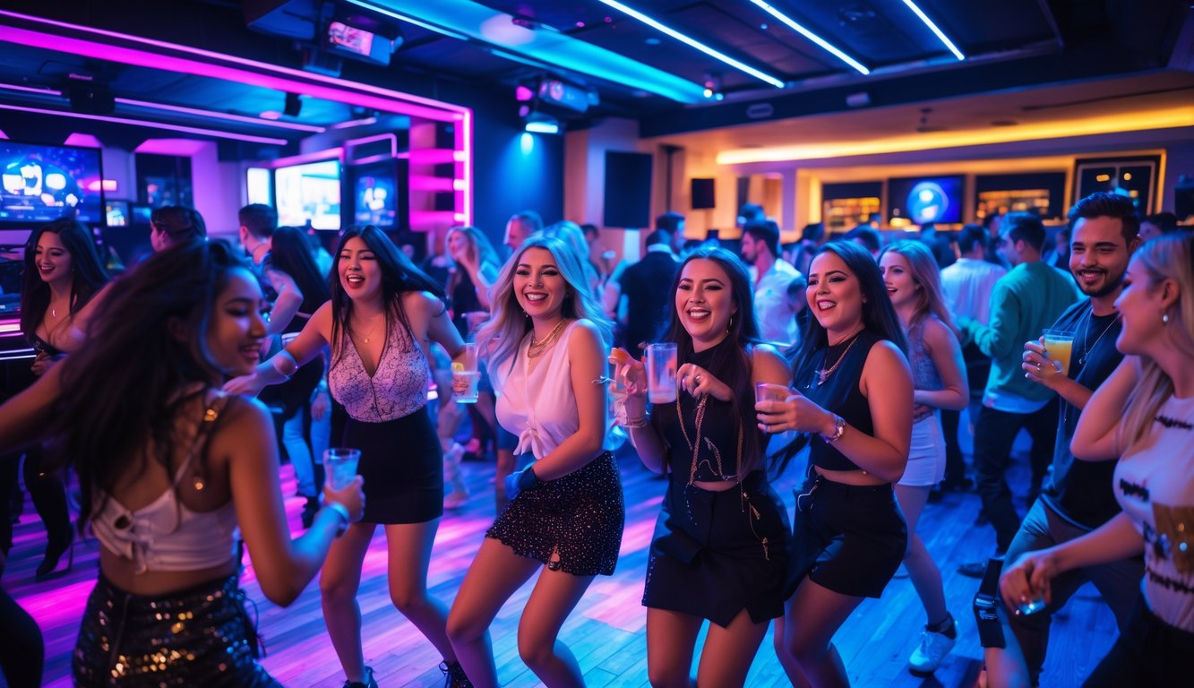 Sekelompok orang muda sedang menari dan bersenang-senang di dalam klub malam yang ramai dengan lampu warna-warni.