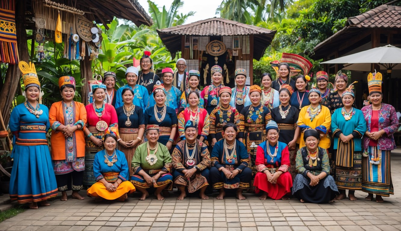 Sekelompok orang Indonesia mengenakan pakaian adat dari berbagai suku dari Sabang sampai Merauke berdiri bersama di luar ruangan dengan latar belakang alam.