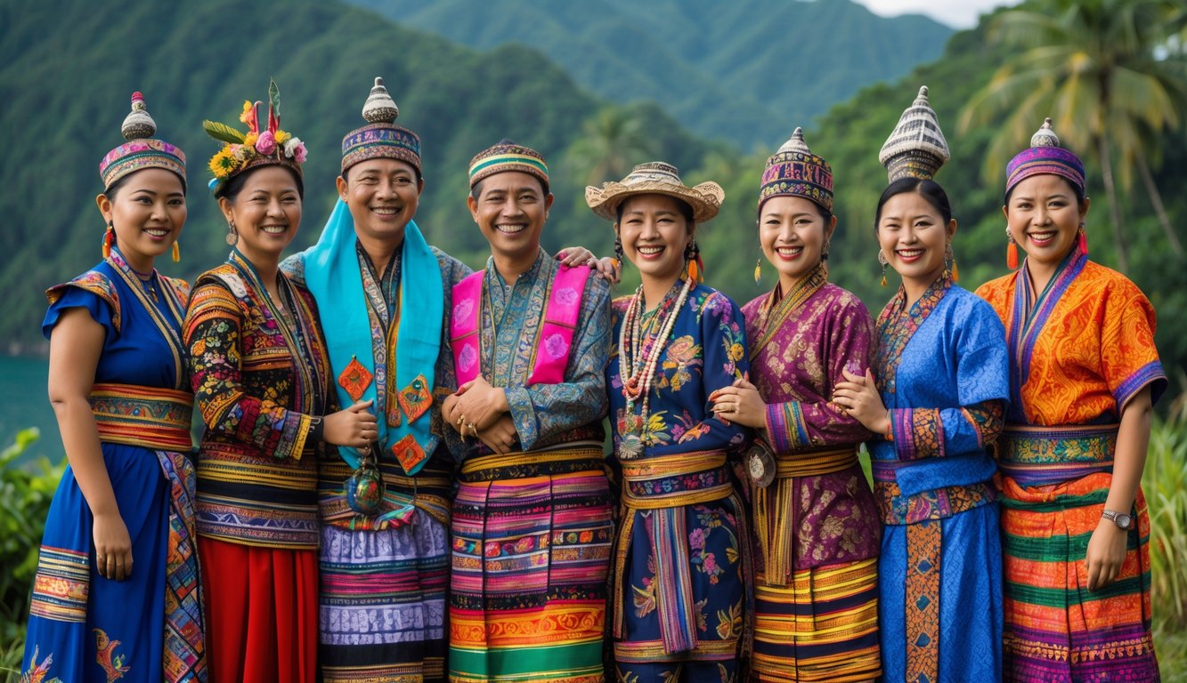 Sekelompok orang dengan pakaian adat berbagai suku di Indonesia sedang berdiri bersama di luar ruangan dengan latar alam Indonesia.