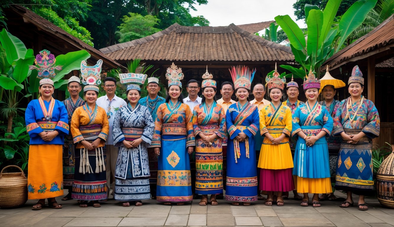 Sekelompok orang Indonesia mengenakan pakaian adat dari berbagai suku, berdiri di luar ruangan dengan latar belakang alam dan artefak budaya.