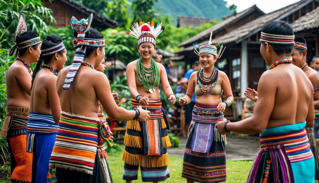 Sekelompok orang mengenakan pakaian adat tradisional Indonesia sedang berkumpul di luar ruangan dengan latar rumah tradisional dan pepohonan hijau.