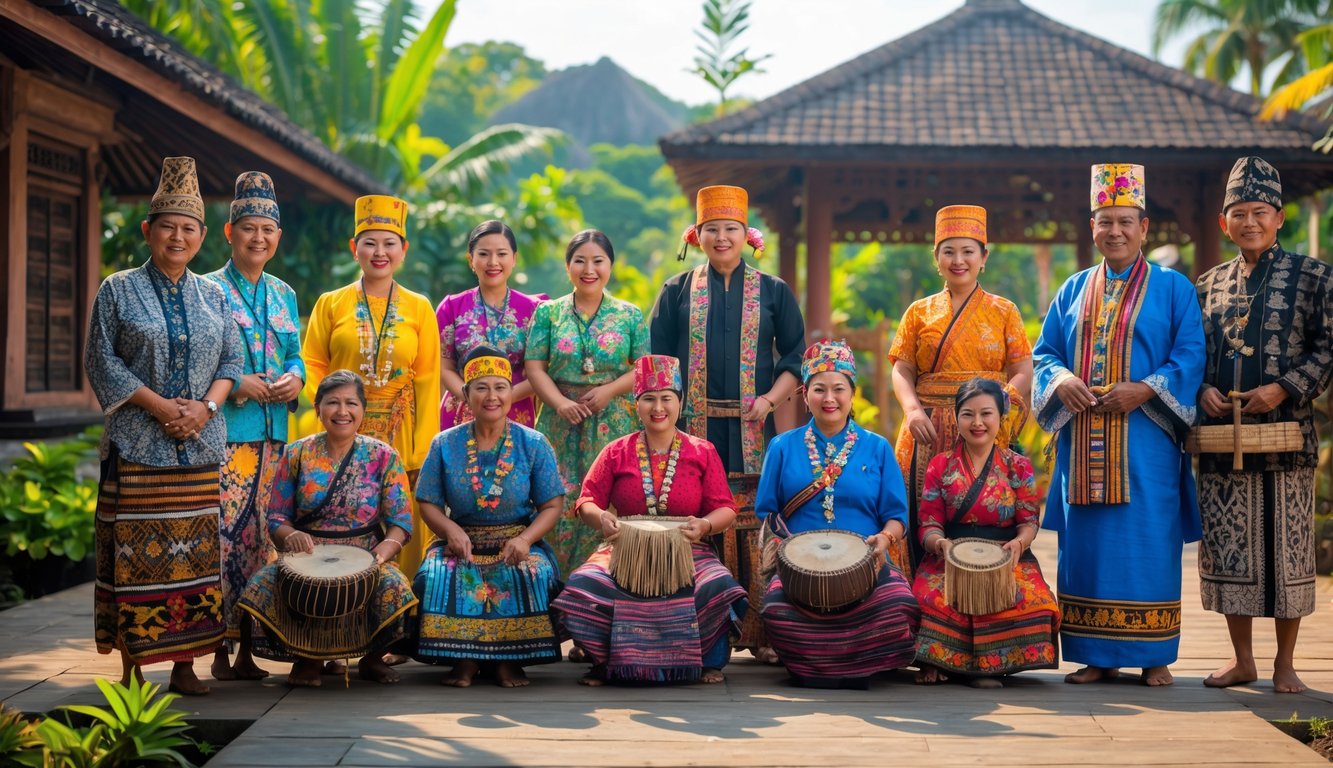Sekelompok orang Indonesia mengenakan pakaian adat dari berbagai suku sedang melakukan aktivitas budaya di luar ruangan dengan latar alam dan bangunan tradisional.