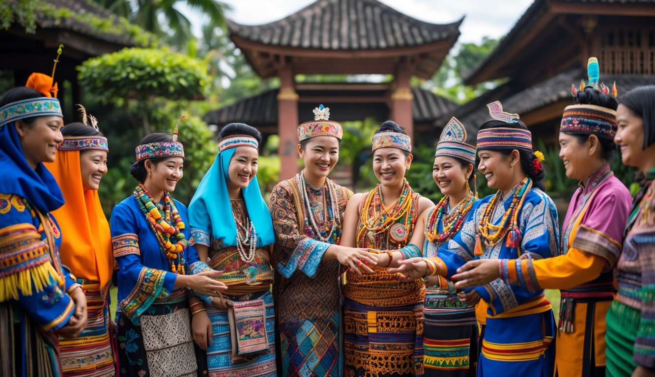 Sekelompok orang mengenakan pakaian adat dari berbagai suku di Indonesia sedang berkumpul di luar ruangan dengan latar belakang alam dan bangunan tradisional.