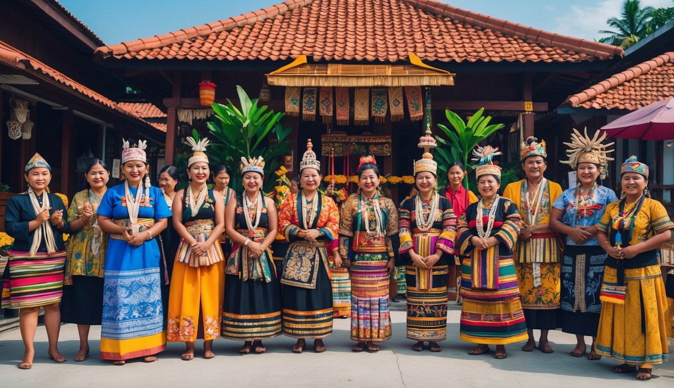 Sekelompok orang mengenakan pakaian adat dari berbagai suku di Indonesia sedang melakukan kegiatan budaya dengan latar rumah tradisional dan dekorasi upacara.