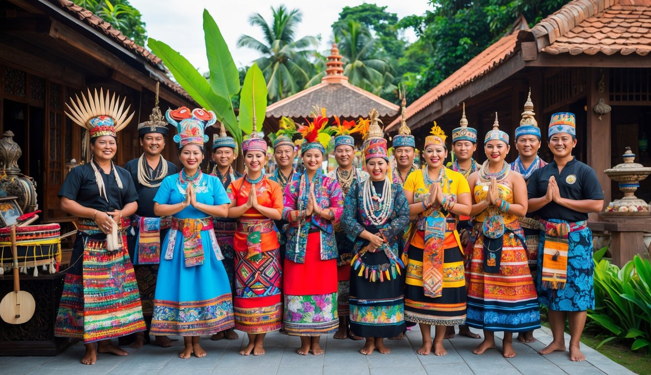 Sekelompok orang Indonesia mengenakan pakaian adat dari berbagai suku sedang mengikuti upacara tradisional di luar ruangan dengan latar belakang alam tropis dan bangunan tradisional.